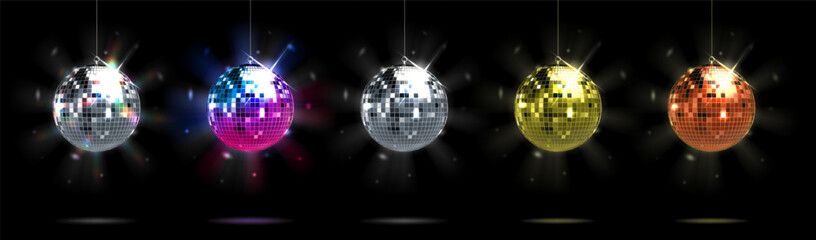 Disco ball. 3D party mirror light globe. Hanging silver discoball for retro dance DJ club. Golden, red and neon glow glittering spheres. 90s celebration discotheque elements vector set