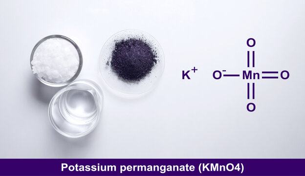 Potassium permanganate (KMnO4) with chemical structure, a common chemical compound that combines manganese oxide ore with potassium hydroxide.