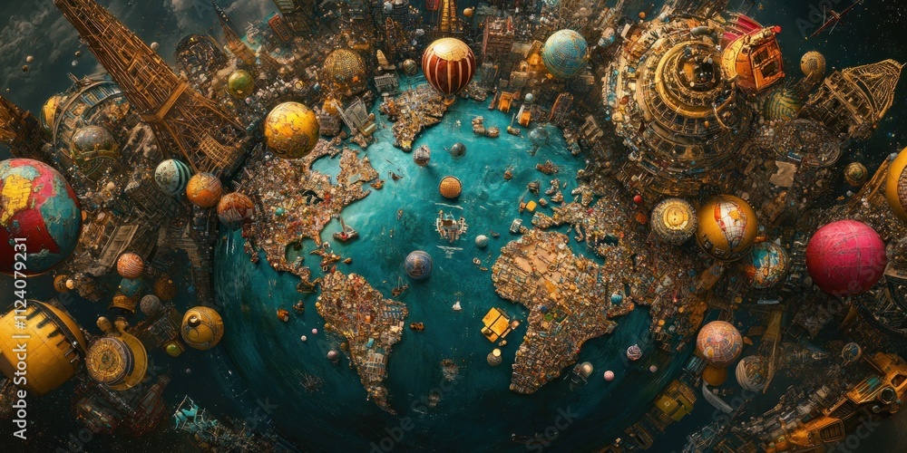 Poster a surreal, artistic representation of the world made from various elements and structures.