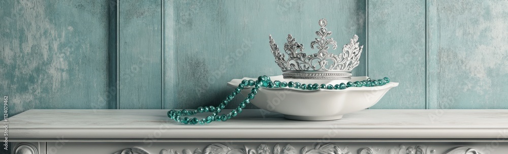 Aufkleber a decorative crown rests on a white plate with a string of turquoise beads against a textured wall.