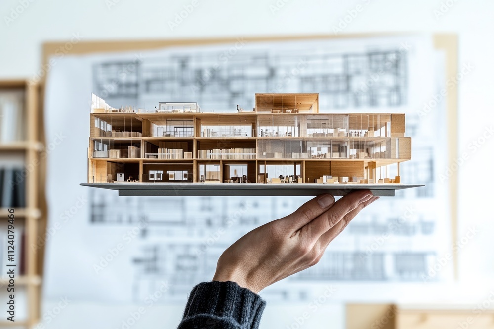 Poster a hand holds a detailed architectural model against a blueprint background.