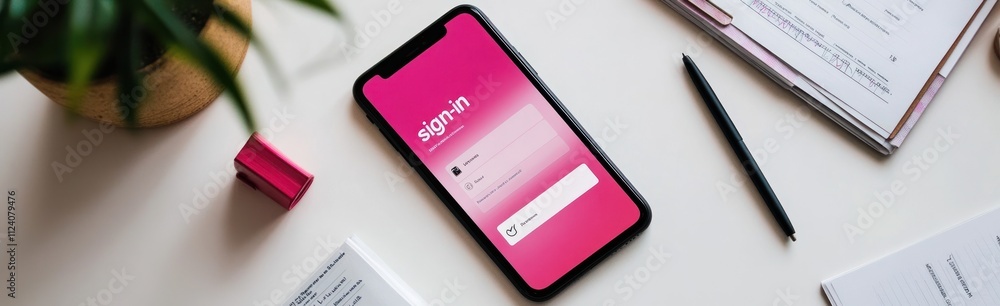 Poster A smartphone displaying a pink sign-in screen on a desk with stationery and a plant.