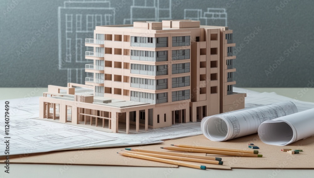 Poster Architectural model with blueprints on a table, showcasing design and planning.