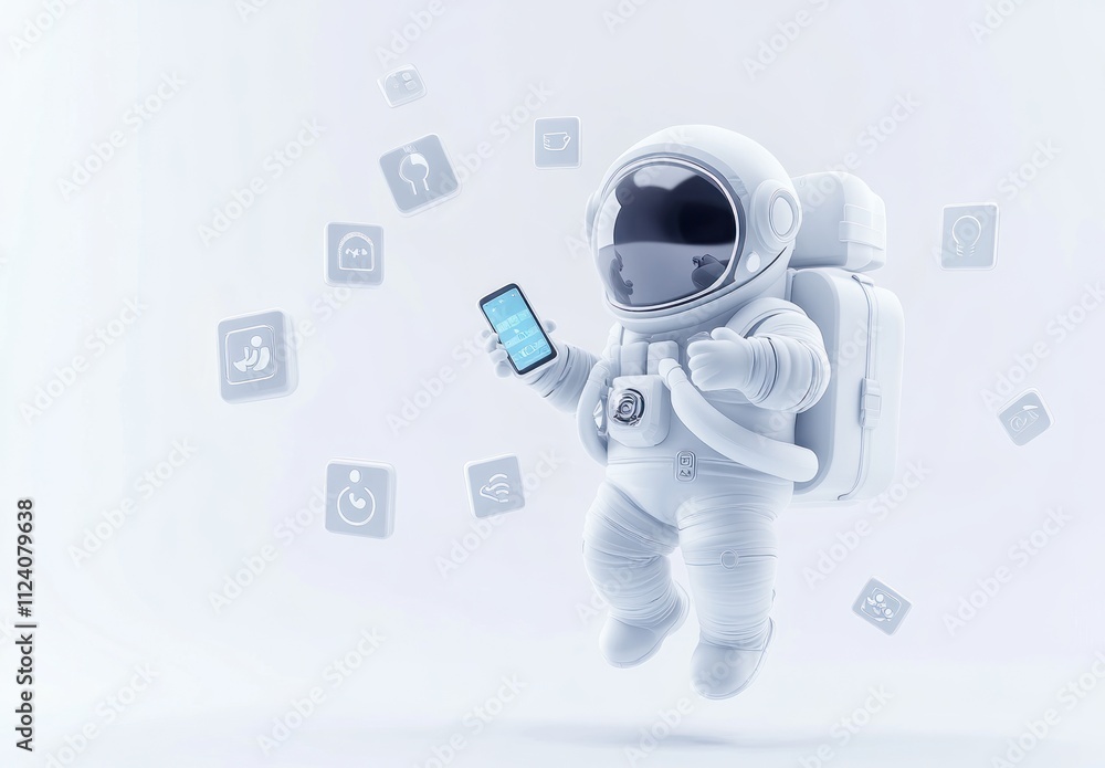 Poster a white astronaut holding a smartphone amidst floating icons representing technology.