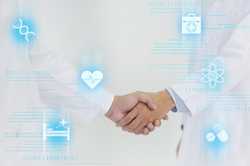 Healthcare professional and scientist in white lab coat shaking hand on white background. Showing symbol of medicine innovation, treatment, discovery and healthcare analysis.