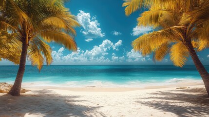 Tropical beach scene with palm trees and a vibrant ocean under a bright sky.