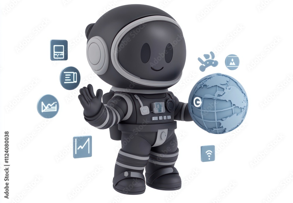 Poster a cheerful astronaut character holding a globe with technology icons around it.