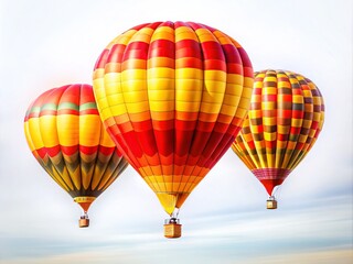 Obraz premium Vibrant Long Exposure of Three Red and Yellow Hot Air Balloons with Baskets Against a Clean White Background, Capturing the Essence of Adventure and Freedom in the Sky