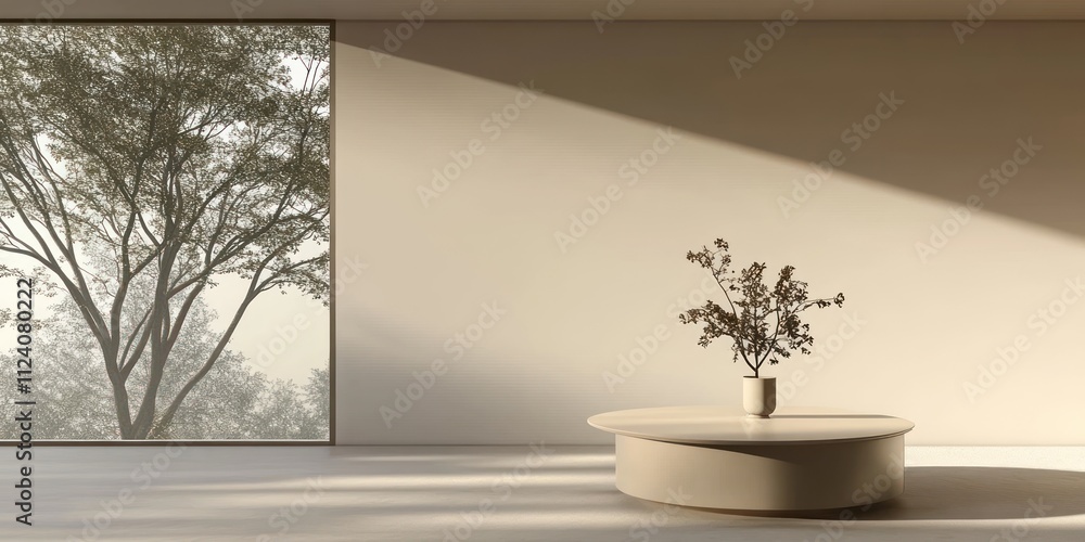 Poster a minimalist interior featuring a round table with a vase of flowers and a large window.