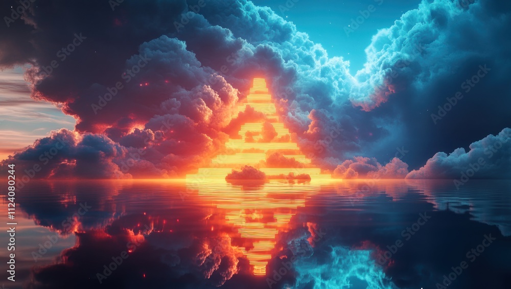 Poster A vibrant sunset scene with a triangular formation in clouds reflecting on water.
