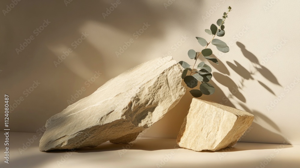 Poster A minimalist composition featuring two stones and a eucalyptus branch casting soft shadows.