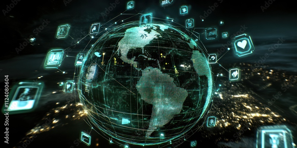 Aufkleber A digital globe surrounded by icons representing technology and connectivity.