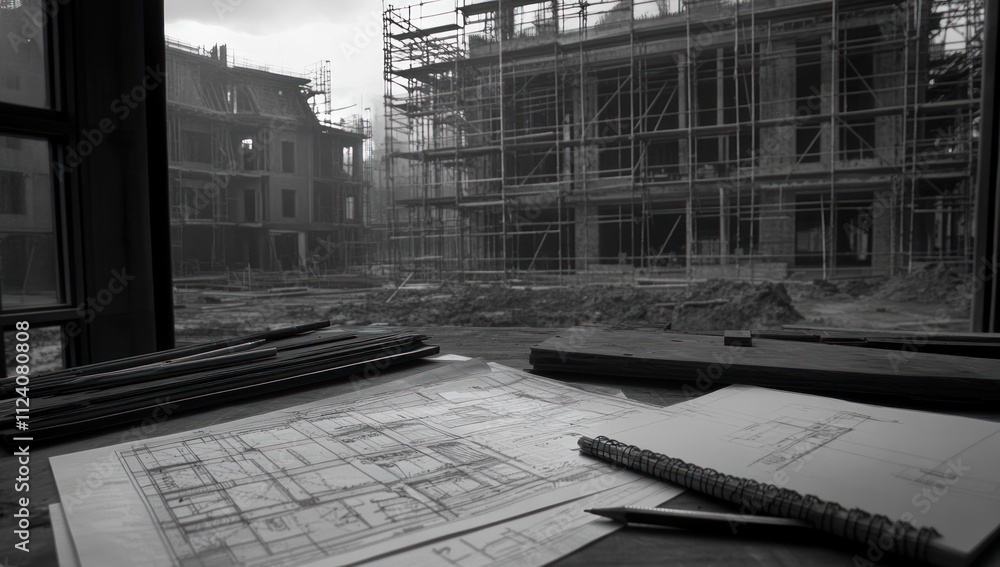 Poster a construction site viewed through a window, with blueprints and tools in the foreground.