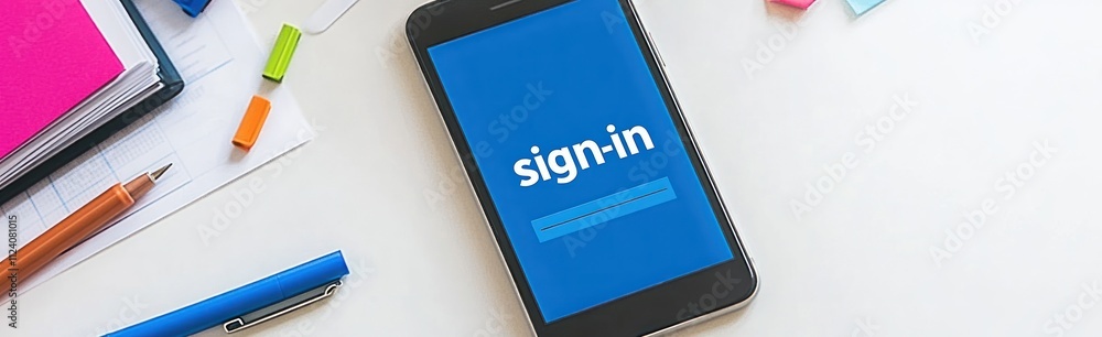 Poster A smartphone displaying a sign-in screen on a desk with stationery items.