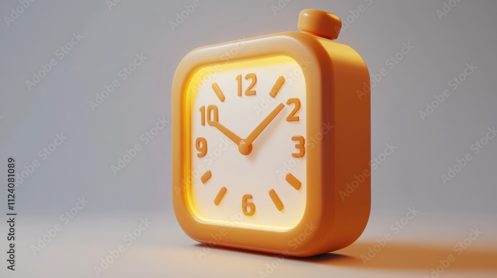 Poster a stylized orange alarm clock with glowing features and a minimalist design.