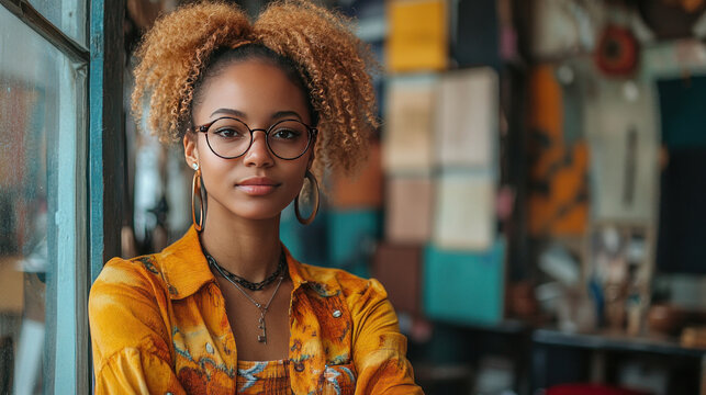 A fashion designer hosting a team meeting while reviewing fabric samples in a creative studio
