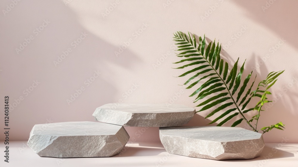 Aufkleber a minimalist display featuring three geometric stone platforms and a lush green fern.