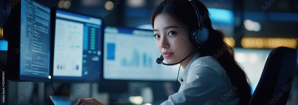 Poster A woman wearing a headset works at a computer station with multiple screens displaying data.