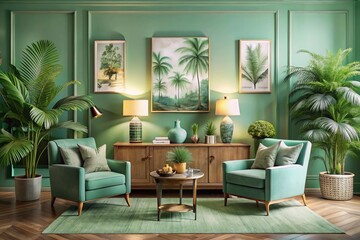 Naklejka premium Vintage Elegance in a Mint Green Living Room with Seafoam Walls, Mint Credenza, Palm Tree Art, Potted Ferns, Wooden Side Tables, and Decorative Table Lamps