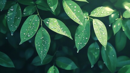 Lush green leaves with water droplets glistening in sunlight.