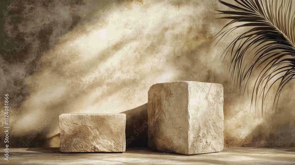 Poster a serene composition of two stone blocks against a textured wall with soft lighting.