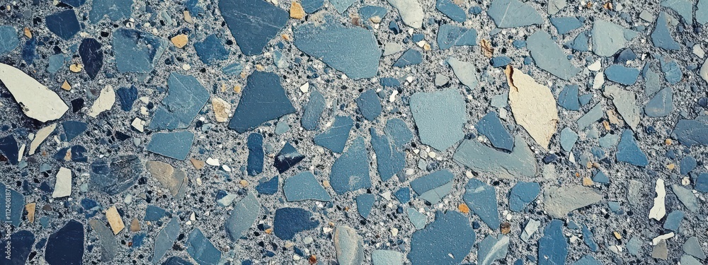 Poster a close-up view of a textured surface featuring various shades of blue and mixed materials.
