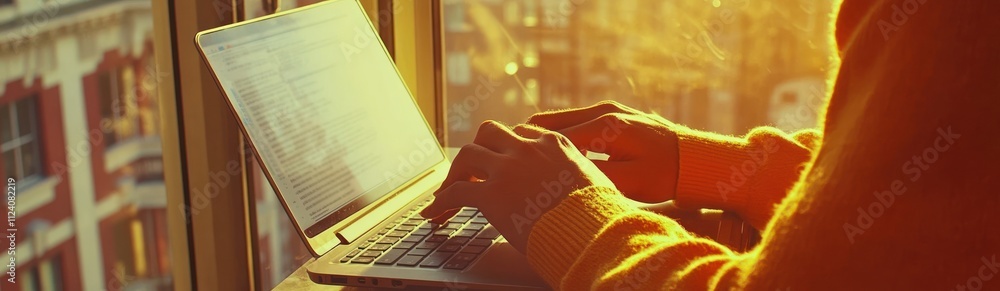 Poster a person typing on a laptop near a window with warm sunlight streaming in.