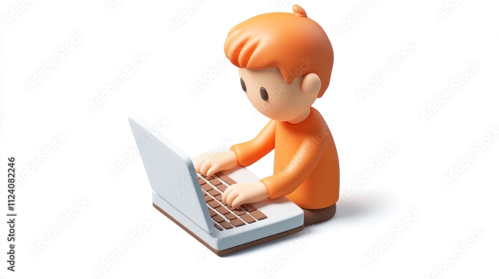 Poster a stylized character typing on a laptop, representing technology and productivity.