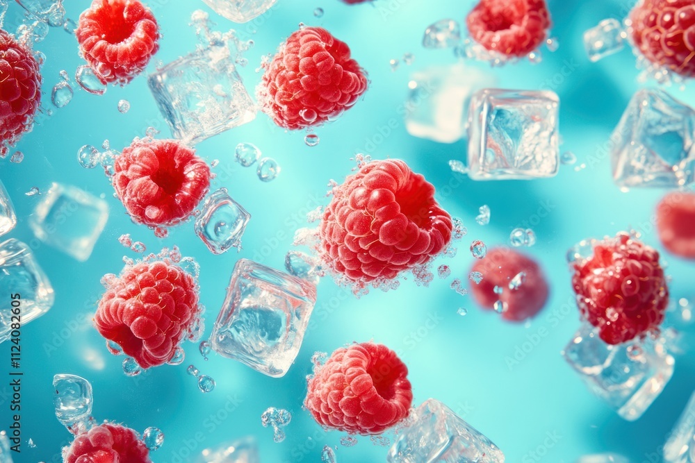 Poster Vibrant raspberries and ice cubes floating in water, creating a refreshing visual.