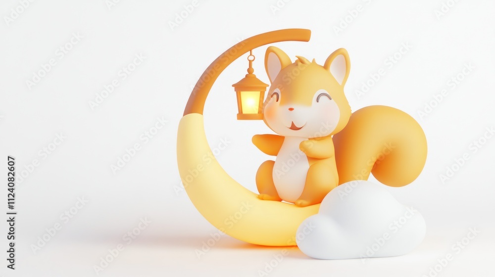 Poster a cute cartoon squirrel sitting on a crescent moon with a lantern, surrounded by a cloud.