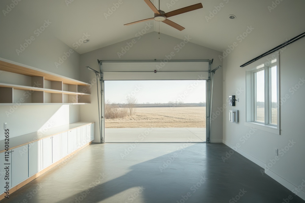 Aufkleber a spacious, modern garage with a large door and a view of the open landscape outside.