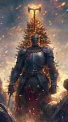 Knight standing before a decorated Christmas tree