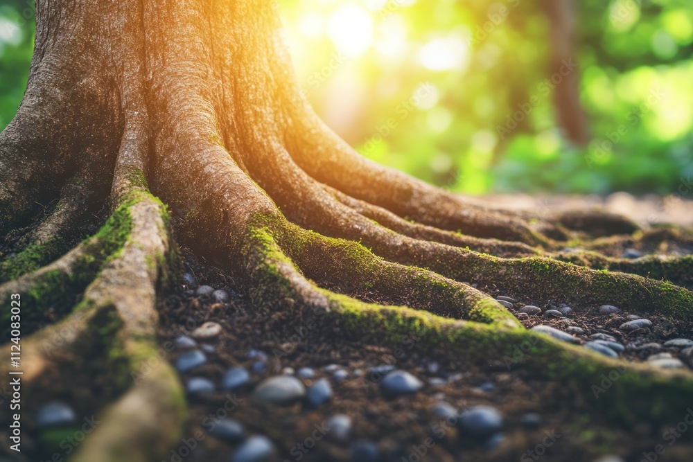 Poster close-up view of a tree's roots with moss and sunlight filtering through the forest.