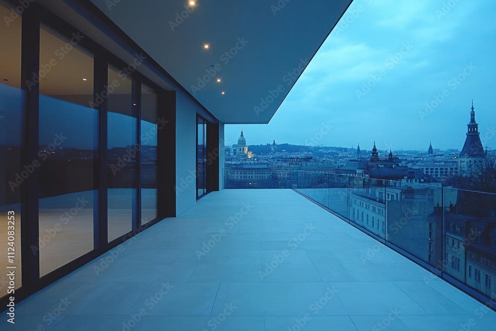 Poster a modern balcony with a city view at dusk, showcasing sleek architecture and tranquility.