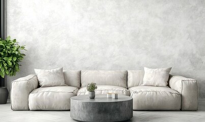 A modern living room featuring a light-colored sofa and a round coffee table.