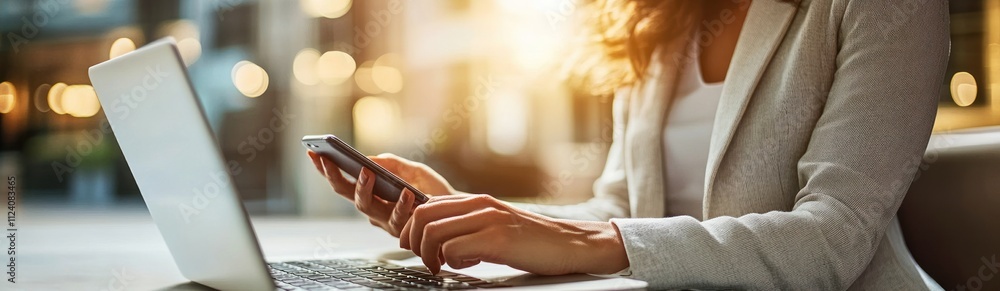 Poster A person using a smartphone while working on a laptop in a bright, modern workspace.