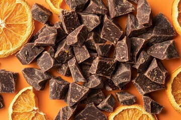 A close-up of chocolate chunks and dried orange slices on an orange background.
