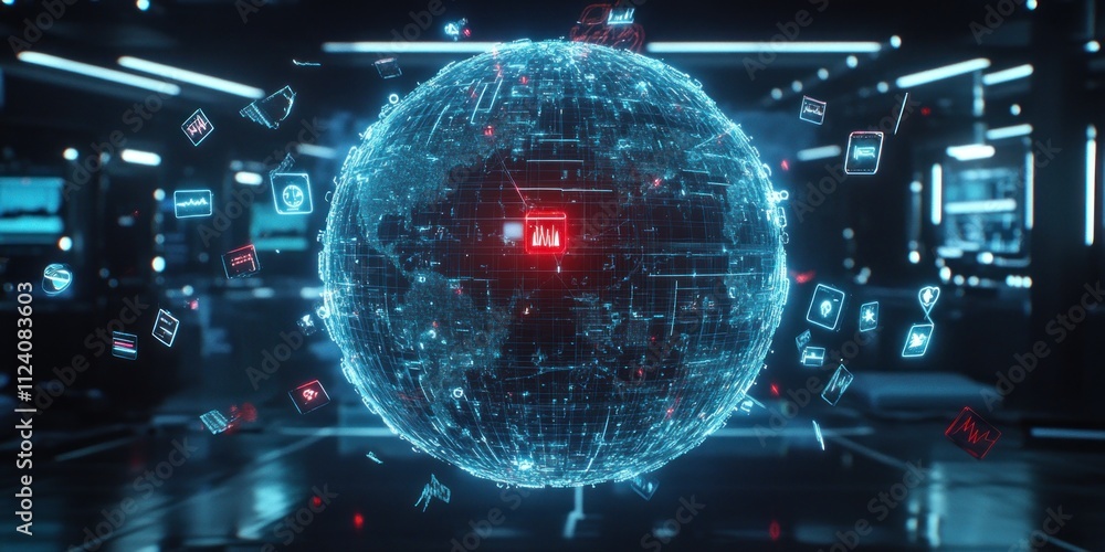 Leinwandbilder a digital globe with floating icons representing data and technology connections.