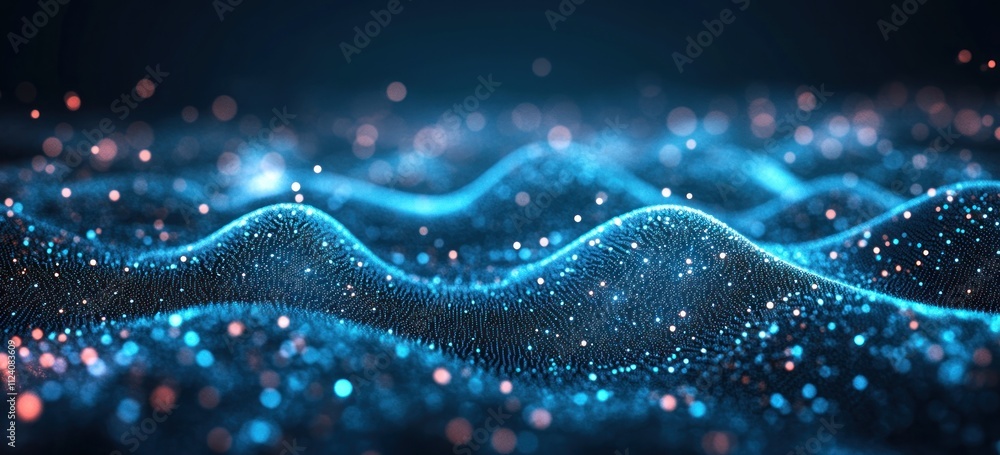 Poster abstract representation of waves with glowing particles, suggesting motion and depth.