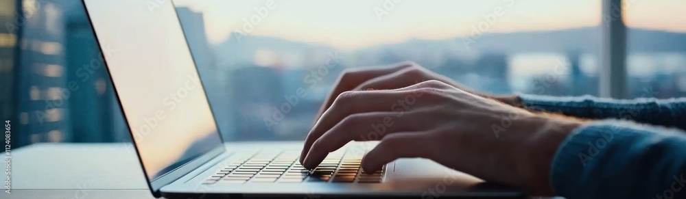 Poster a close-up of hands typing on a laptop with a scenic background.
