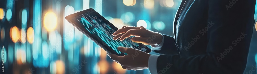 Poster Person using a tablet to analyze data in a modern, illuminated environment.