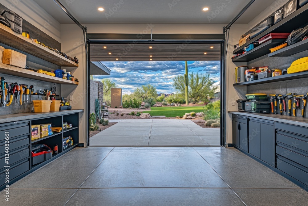 Poster a spacious garage with organized tools and a view of a landscaped yard.