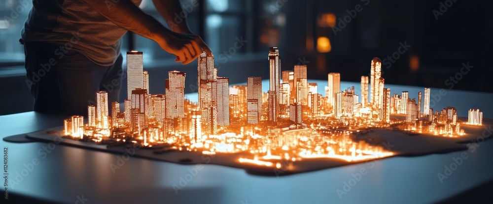 Poster a person interacts with a glowing city model, showcasing urban architecture and design.