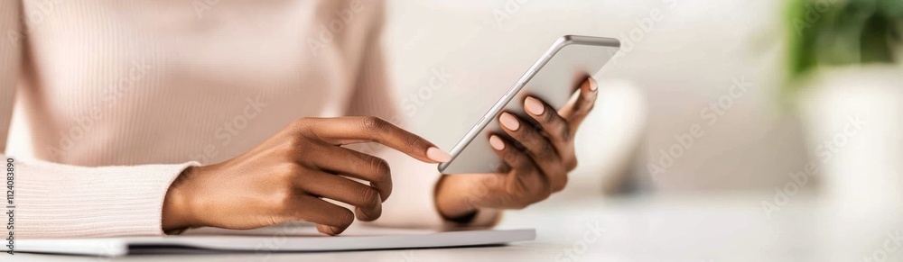 Poster A person using a smartphone while sitting at a table.