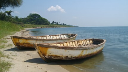 Obraz premium Two weathered boats resting on a sandy shore beside calm waters under a clear sky.