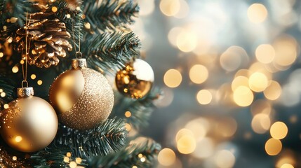 Obraz premium Beautifully Decorated Christmas Tree with Golden Ornaments and Lights