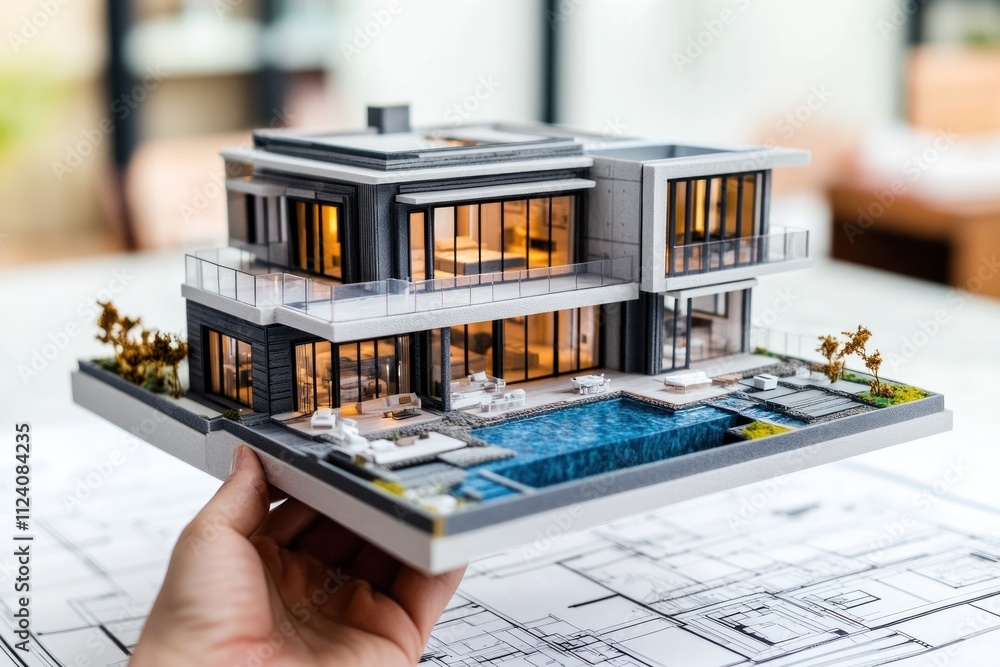 Poster a hand holds a detailed architectural model of a modern house with a pool.