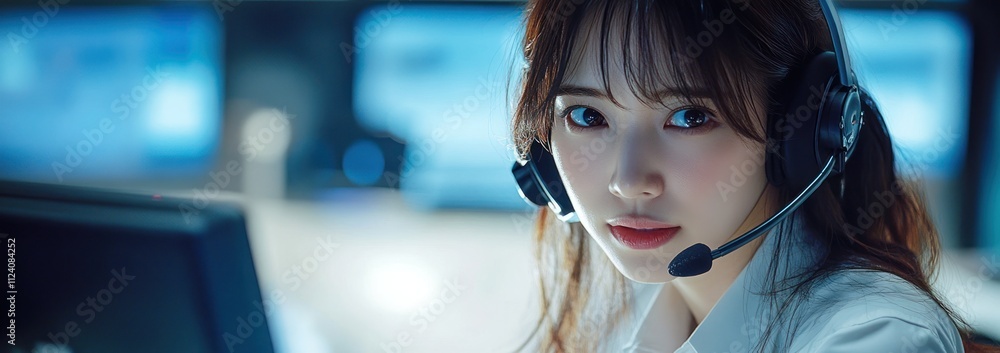 Poster a focused individual wearing a headset in a high-tech environment.