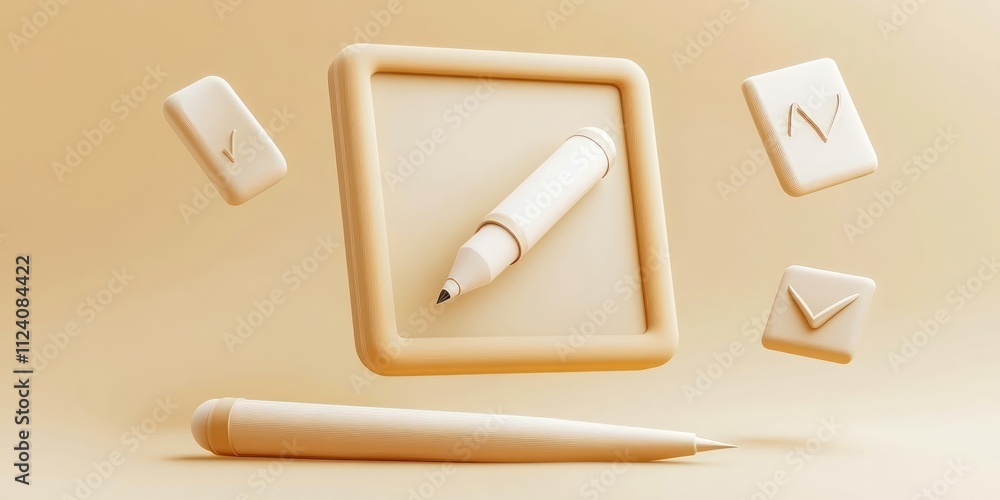 Poster a minimalist design featuring a pen, checkboxes, and envelopes, symbolizing communication and organi