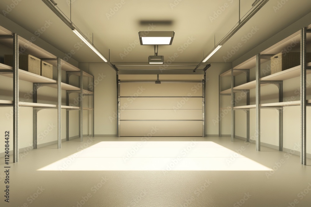 Poster a clean, empty garage with shelving for storage and a large door.